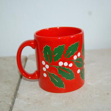 Beautiful Waechtersbach West German Red Christmas Mug w Green Holly &amp; White Berries Mug ~ Christmas Morning Hot Coco Mug ~ Christmas Holly 