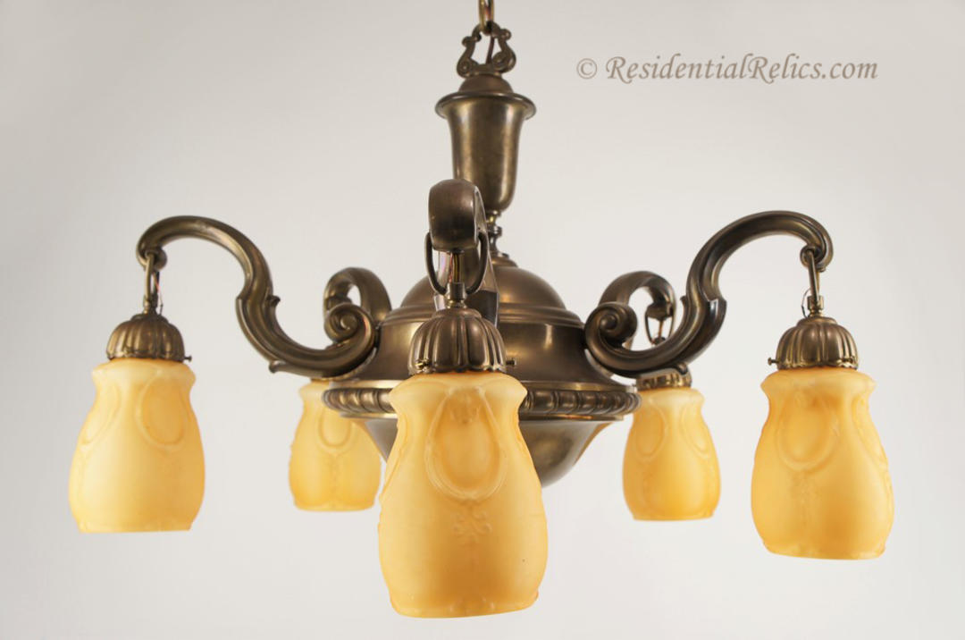Large brass chandelier with amber cased glass shades, circa 1930s ...