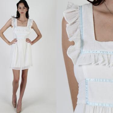 Vintage 70s White Gauzy Dress / Country PrairieCore Simple Pinafore / Womens Solid Color Sun Dress / Plain Cotton Gauze Mini Dress 