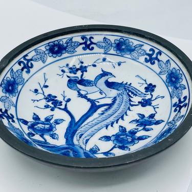 Vintage Japanese Porcelain Ware Blue Phoenix Pewter Encased Bowl Decorated In Hong Kong 