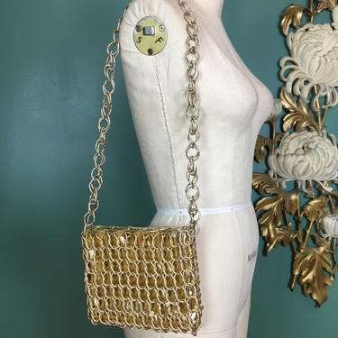 1960s chain bag, vintage 60s purse, mod shoulder bag, 60s metal purse, retro gold purse, walborg purse, go go style, swinging sixties, quant 