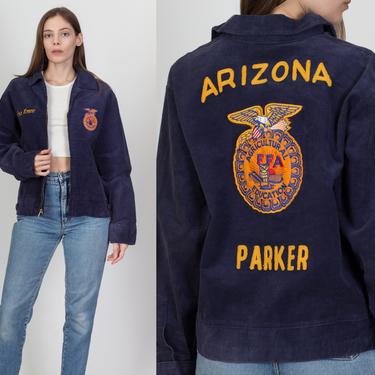 Vintage 1970s FFA Arizona Parker Corduroy Jacket - Men's Large, 44 | 70s Navy Blue Chain Stitch Patch Uniform Coat 