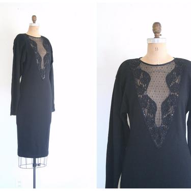 black lambswool sweater dress - 80s beaded sweater knit dress/ sheer illusion plunging neckline - 1980s dress / vintage 80s party dress 