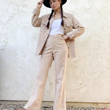 Vintage 70's Tobias Beige Button Up Pointed Collared High Waisted Bell Bottom Pant 2- Piece Suit Set 