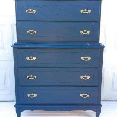 Navy Blue French Provincial Dresser / Chest of Drawers, Hale Navy Blue Dresser, Blue highboy dresser, vintage dresser, nyc delivery 