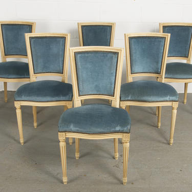 Antique Set of 6 Parisian Louis XVI Style Maison Jansen Dining Chairs W/ Blue Velvet Upholstery 