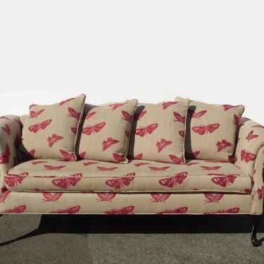 Vintage French Country Beige Linen &amp; Pink Butterflies Sofa Couch w Down Pillows 