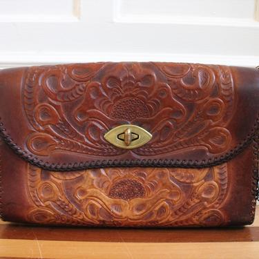 Vintage Brown Floral Tooled Leather Purse 
