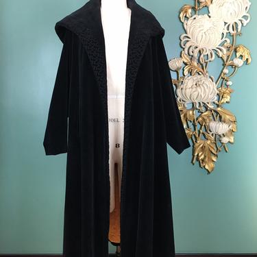 1950s swing coat, vintage 50s coat, black velvet coat, medium large, hooded coat, opera coat, mrs maisel style, rockabilly, embroidered, 38 