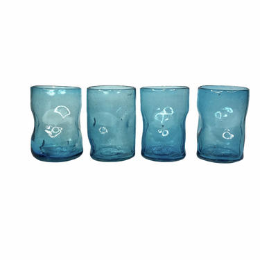 Vintage Blue Handblown Pinch Glasses, Handblown Glassware, Set of 4 