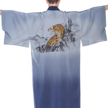 1950'S Mens Blue Japanese With Hand Painted Tiger Kimono 