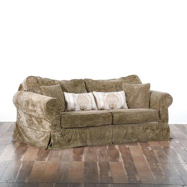 Contemporary Overstuffed Olive Crushed Chenille Sofa