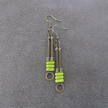 Minimalist lime green earrings, brass mid century earrings, statement earrings, brutalist earrings, Chartreuse earrings, African Afrocentric 