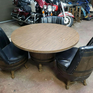 Vintage Whiskey Barrel Table &amp; Chairs, 1960's 1970's Rustic Western Saloon Decor, Mid Century Modern, Barrel Swivel Chairs Vintage Furniture 