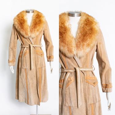 Vintage 1970s Coat - Suede &amp; Faux xFur Tan Brown Boho Penny Lane Long Jacket - Small / Medium 