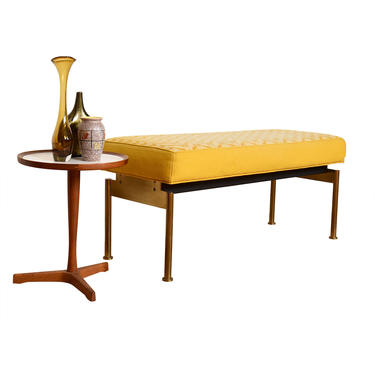 Danish Modern Brass Bench Upholstered in White-and-Yellow Chevon Pattern