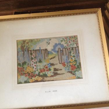 1933 English Garden Tapestry Framed Artwork Monogrammed and Dated English Country Garden 