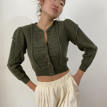 80s puffed sleeve cropped cardigan sweater / vintage olive moss wool cropped Tyrol button front braided cable knit cardigan sweater | XS 