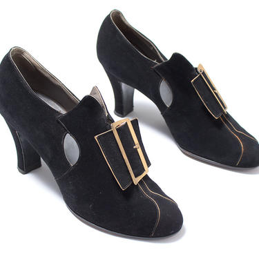 Vintage 1930s High Heels | 30s Black Suede Large Buckle Witchy Pilgrim Pumps Formal Evening Shoes (size US 6.5) 