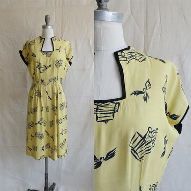 Vintage 40s Bird Cage Rayon Dress/ 1940s Novelty Print Yellow Black Keyhole Dress/ Slub Rayon/ Size Medium 28 