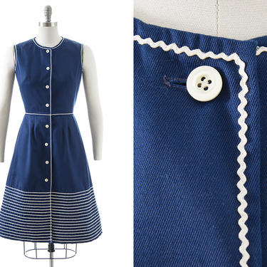 Vintage 1960s Sundress | 60s PAT PREMO Ric Rac Striped Navy Blue Cotton Shirtwaist Day Dress with Pockets (small/medium) 