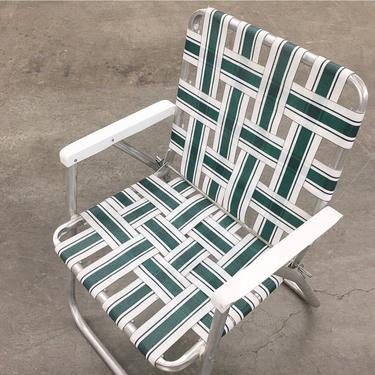 Vintage Lawn Chair Retro 1980s Sunbeam + Silver Aluminum + White and Green + Webbed Ribbon + Patio Furniture + Folded + Beach Chair 