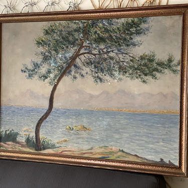 Vintage or Antique Acrylic Oil Painting Scenic Landscape Water Boats Tree Victorian Framed Signed 