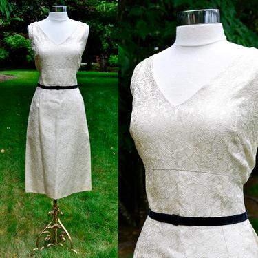 1960s Cream Floral Jacquard Wiggle Dress / Brocade Dress w/ Black Velvet Belt / 60's Vintage White Brocade Cocktail Dress / Size 8 