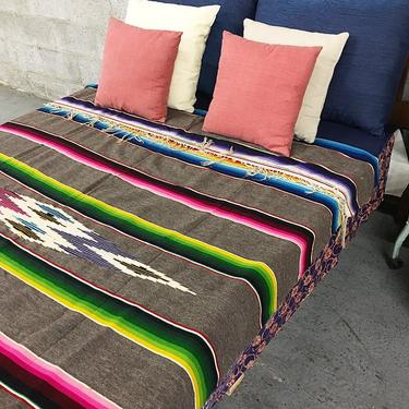 Vintage Mexican Saltillo Blanket Retro Size 8x5 Southwest Neon Striped Rug with Fringe Serape Bedspread or Picnic Throw Cactus Fiber 