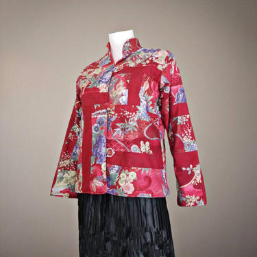 Vintage 80s Chinoiserie Tang Jacket / Asian Inspired Tangzhuang Jacket / Chinese Red Floral Blazer / Flowery Cotton Quilted Kimono Jacket 