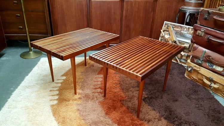 Pair of Mid-Century Modern walnut slat tables by Mel Smilow for Smilow Thielle