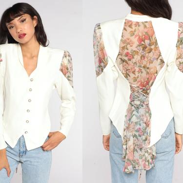 Puff Sleeve Blouse SHEER BACK Floral Shirt Lace Up Corset Button Up Shirt 80s Boho Off-White Vintage Long Sleeve Bohemian Chiffon Small 4 