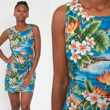 Hawaiian Dress 80s WRAP SKIRT Dress Mini Boho Sundress Tropical Blue Pinup 90s Vintage Bird of Paradise Print Summer Medium 8 