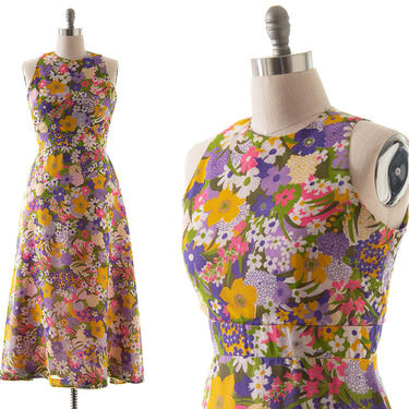 Vintage 1970s Maxi Dress | 70s Floral Garden Printed Cotton Blend Full Length Sundress (large) 
