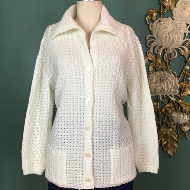1960s ivory cardigan, vintage sweater, bags knits, acrylic sweater, size x large, 40 42 bust, cardigan with pockets, collared cardigan, bams 