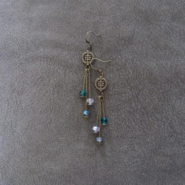 Long crystal earrings, boho earrings, bohemian gypsy earrings, etched brass earrings, statement earrings, bold earrings, bling earrings 