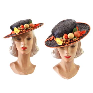 1940s Autumn Boater Hat - 1940s Navy Blue Hat - 1940s Orange Hat - 1940s Raffia Hat - 1940s Straw Boater Hat - 1940s Sun Hat - 1940s Hat 