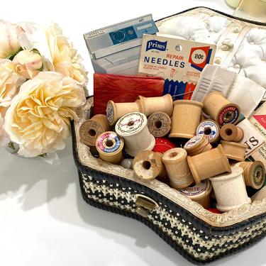 Vintage Sewing Box Filled With Vintage Notions Thimbles Needle Cards Wood Spools Threaders and Pins 