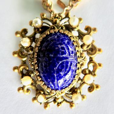 Faux Lapis Scarab Mid Century Necklace on Heavy.Chain 