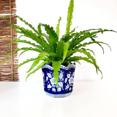 Vintage Blue & White Floral Chinoiserie Cache Pot Planter 
