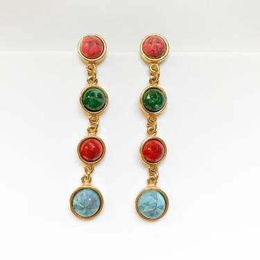 80s Pink Green Red Blue Stone and Gold Chain Drop Earrings 