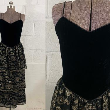 Vintage Black Velvet Pantagis Dress Tiered Gold Lace Sheer Long Sleeve Floral Boho Party Cocktail New Year's Goth Vamp Evening Small XS XXS 