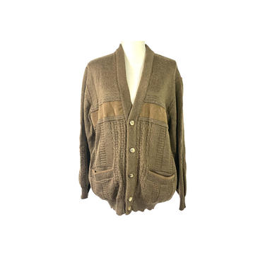 70's Suede Wool Cable Knit Cardigan/Vintage Knit V Neck Cardigan/Button Up Cardigan Jacket Brown Suede Leather Cable Knit Cardigan Boneti 