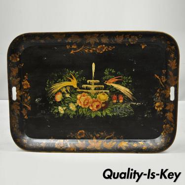 Antique 19th C. French Victorian Hand Painted Birds Tole Metal Toleware Tray