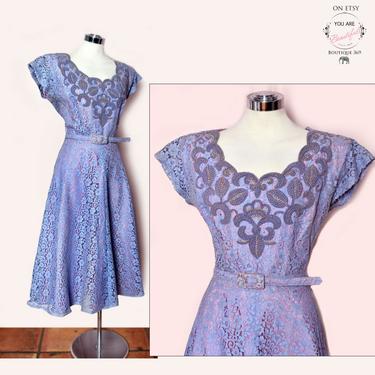 Larger size - 50's Lavender Lace Beaded Evening Party Dress, Vintage Dress, Full Skirt 1950s Mid Century Blue Gray Rockabilly Pinup MED size 