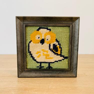 Vintage Small Square Owl Needlepoint Framed Wall Art 