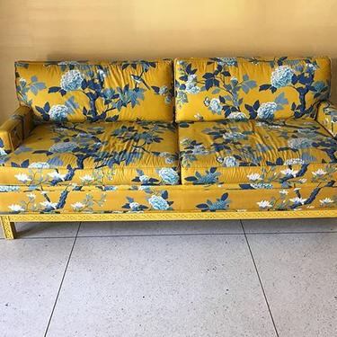                   Sunshine yellow and blue chinoiserie printed sleeper sofa
