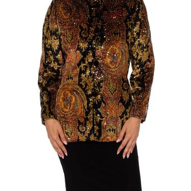 1980S Bill Blass Black Paisley Silk Velvet Couture Hand Beaded Sequin Jacket 