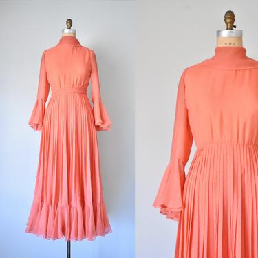 Bill Blass chiffon dress, 1970s maxi dress, bohemian dress 
