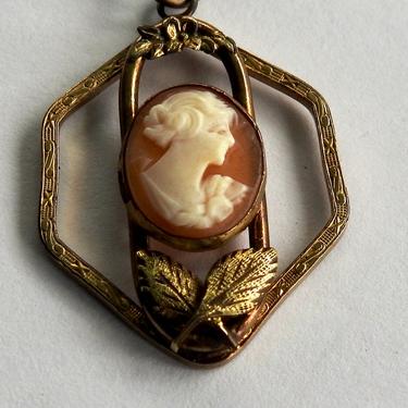 Deco HCCO Carved Shell Cameo Pendant on Chain 